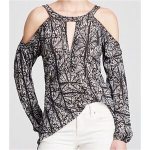 FREE PEOPLE Blk Wht Embellished Cold Shoulder Top